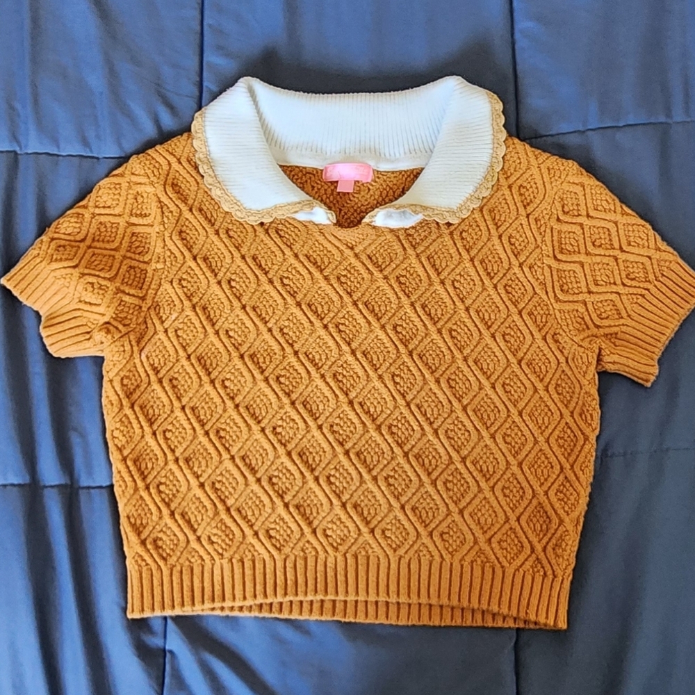 Sugar Thrillz Yellow Cable Knit Sweater with Cream Collar